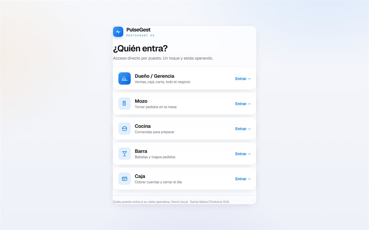 Pantalla de accesos por puesto: dueño, mozo, cocina, barra y caja